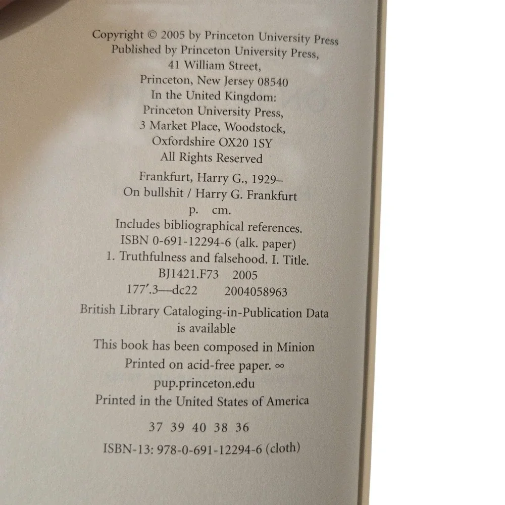 ON BULLSH*T Philosophy Essay Book Harry G‎ Frankfurt Hardcover Black Red USA EUC